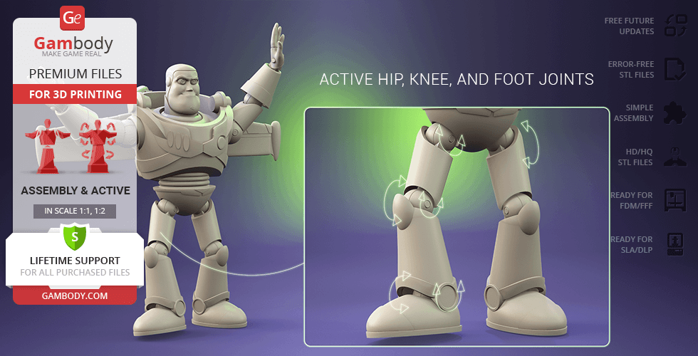 3D model of a space ranger with articulated joints, displayed for 3D printing adaptability and assembly.