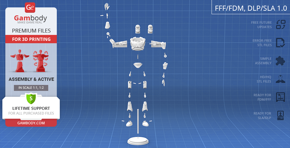 Disassembled 3D model parts for printing a Buzz Lightyear figure on a blue grid background.