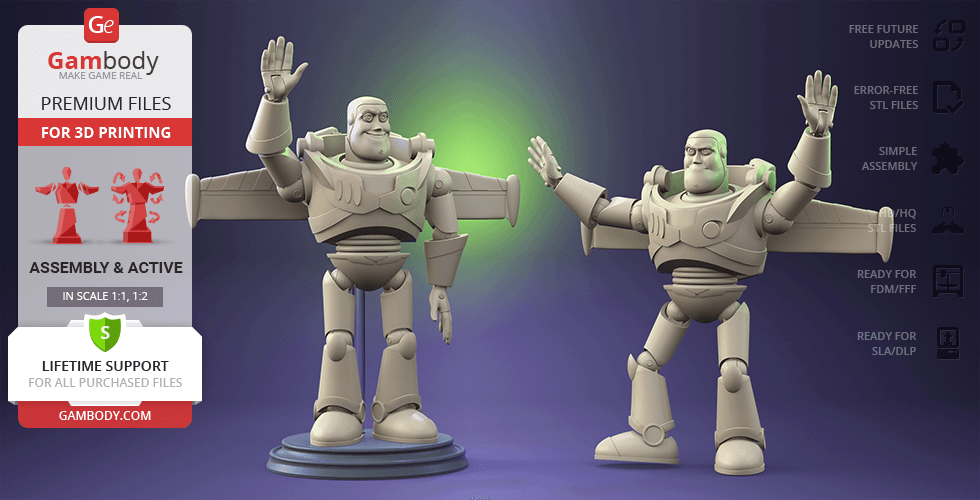 Two 3D printable models of Buzz Lightyear with raised arms on display.