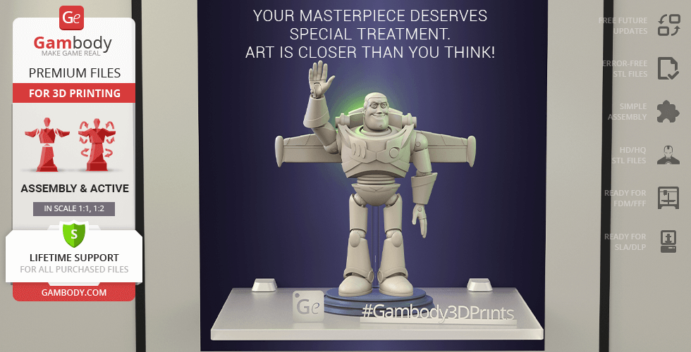 3D model of a cartoon astronaut figure with arm raised, ready for printing, on a display with promotional text.