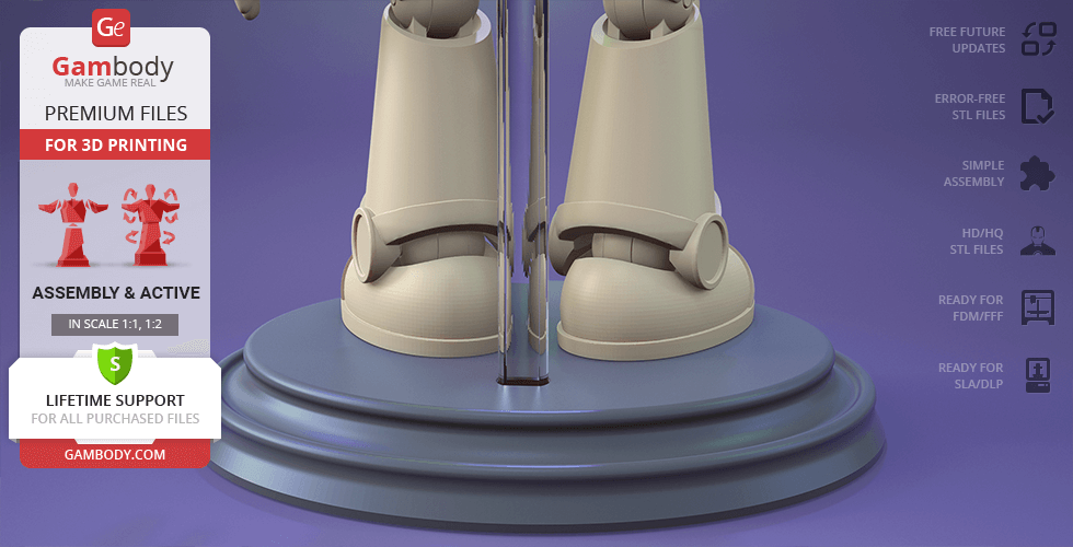 3D printed model of Buzz Lightyear's legs and boots on a display stand from Gambody.