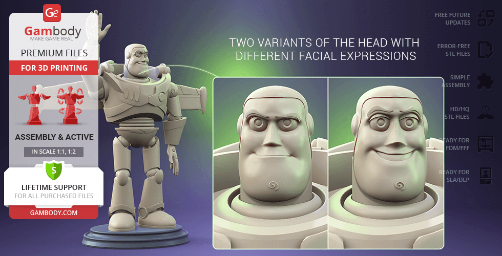 3D model of Buzz Lightyear for printing, featuring two head variants with different expressions.