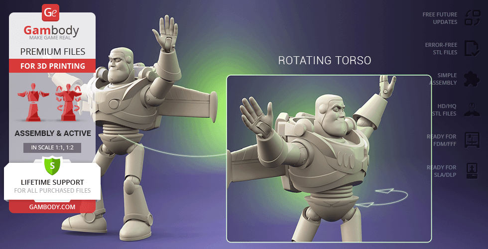 A 3D model of a space-suited character with a rotating torso, designed for 3D printing.
