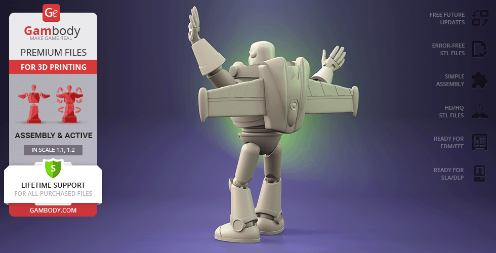A 3D model of a space character with wings, shown from the back, ready for 3D printing.