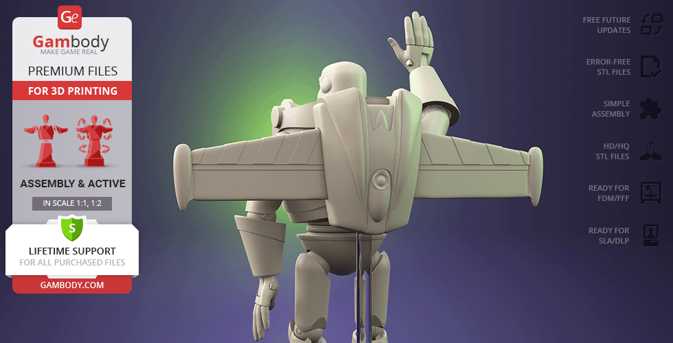 3D model of a spaceman with wings, shown from the back, ready for 3D printing.