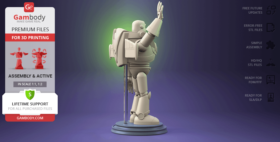 3D printable model of a space ranger figure on a base, posed with one arm raised.