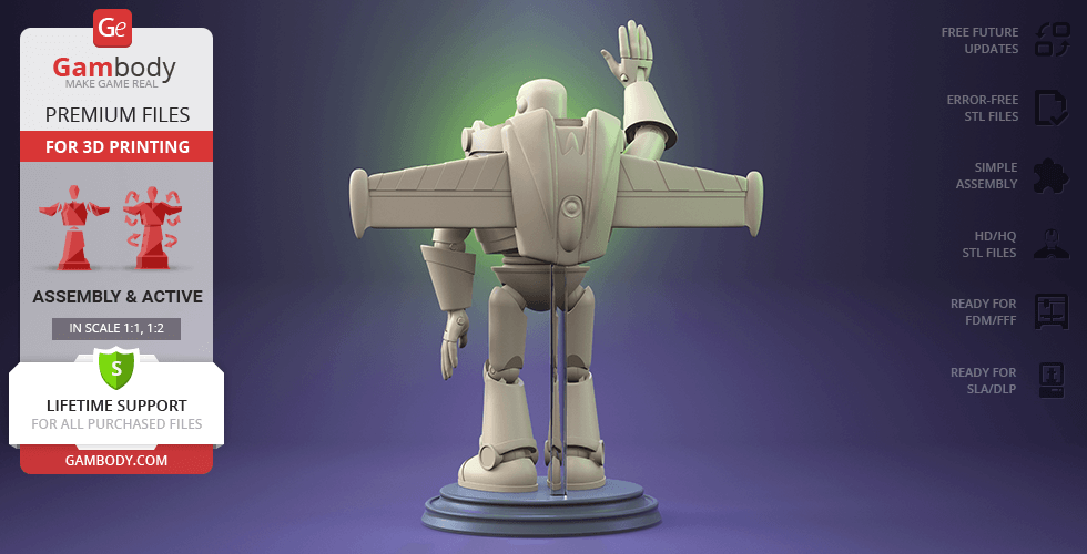 3D model of Buzz Lightyear in a waving pose, ready for 3D printing, displayed on a stand.
