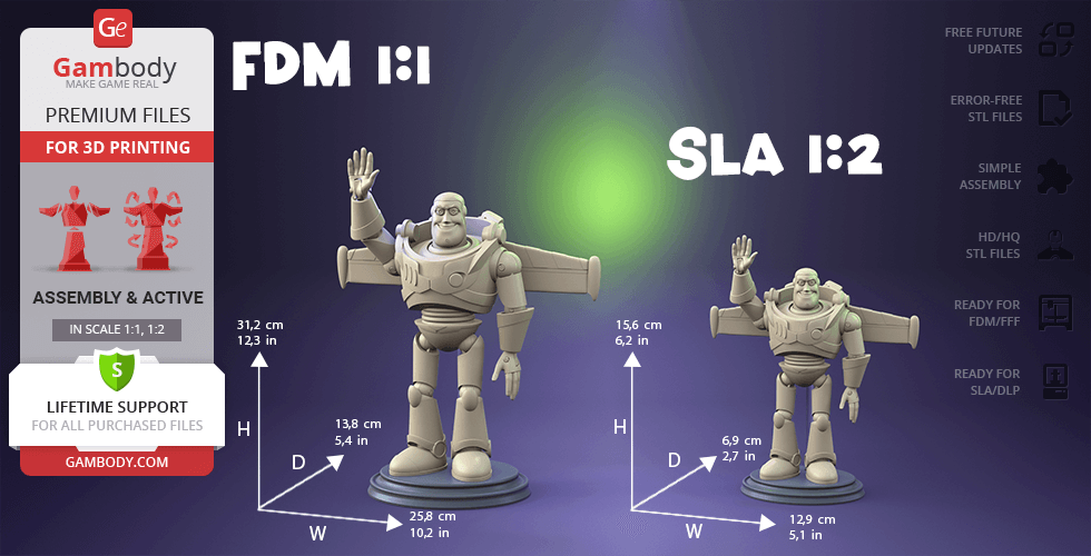 Two 3D-printed models of a space-themed character, one larger and one smaller, both with raised hand.