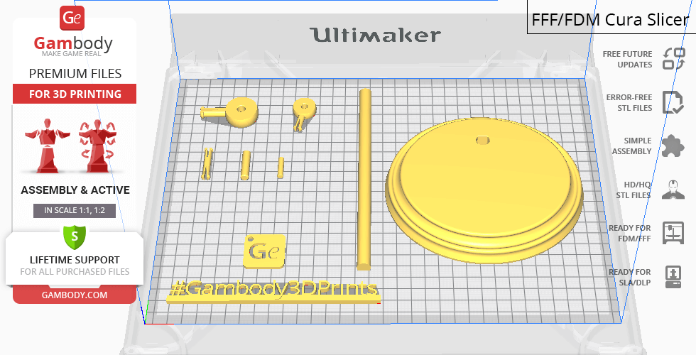 STL files for 3D printing various Buzz Lightyear parts displayed in a Cura slicer software interface.