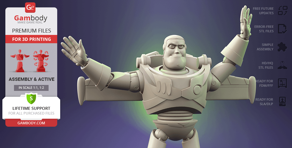 A 3D printable model of a space ranger with outstretched arms, featured on a Gambody product page.