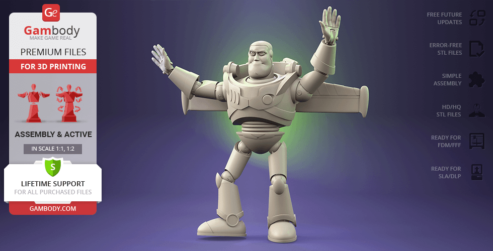 3D model of Buzz Lightyear posed dynamically, ready for printing, with arms extended and one leg forward.