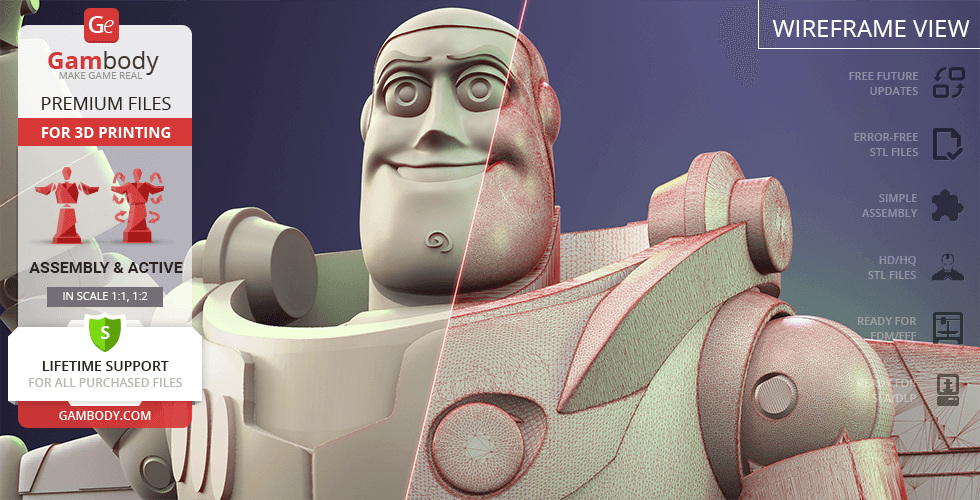 3D model of a character in a space suit for printing, with wireframe on one side, promotional text on the left.