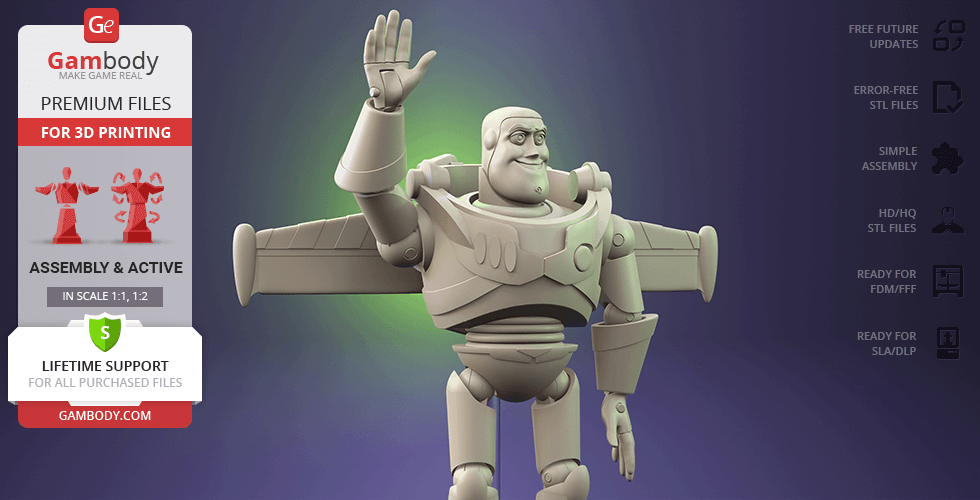 A 3D rendering of a Buzz Lightyear model for printing, with arms raised, detailed suit, and promotional text.