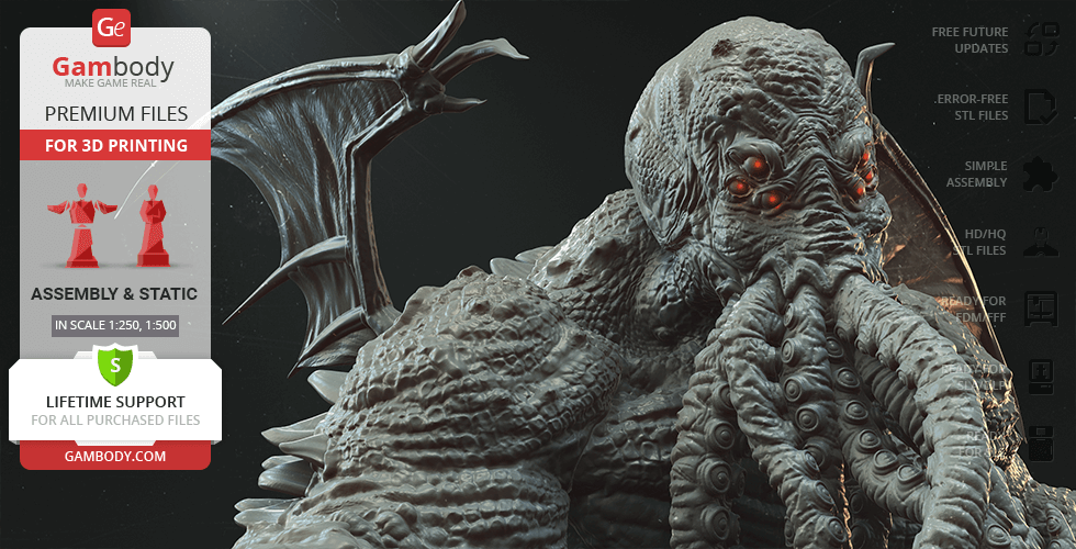 A detailed 3D model of Cthulhu with tentacles and wings, designed for 3D printing by Gambody.