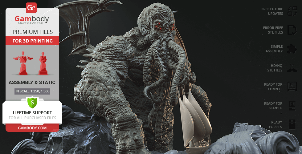 A detailed 3D model of Cthulhu with wings and tentacles, standing over a small ship.