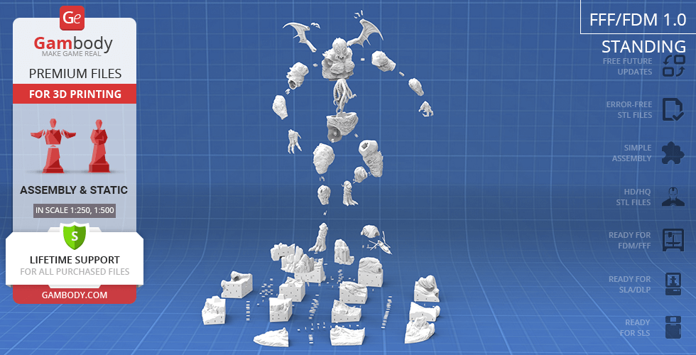 3D model of Cthulhu for printing, shown disassembled into parts on a blue grid background.