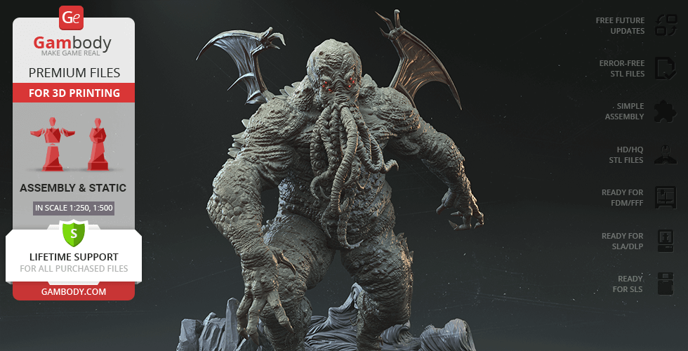 A detailed 3D model of Cthulhu with wings and tentacles, standing on a rocky base, ready for printing.