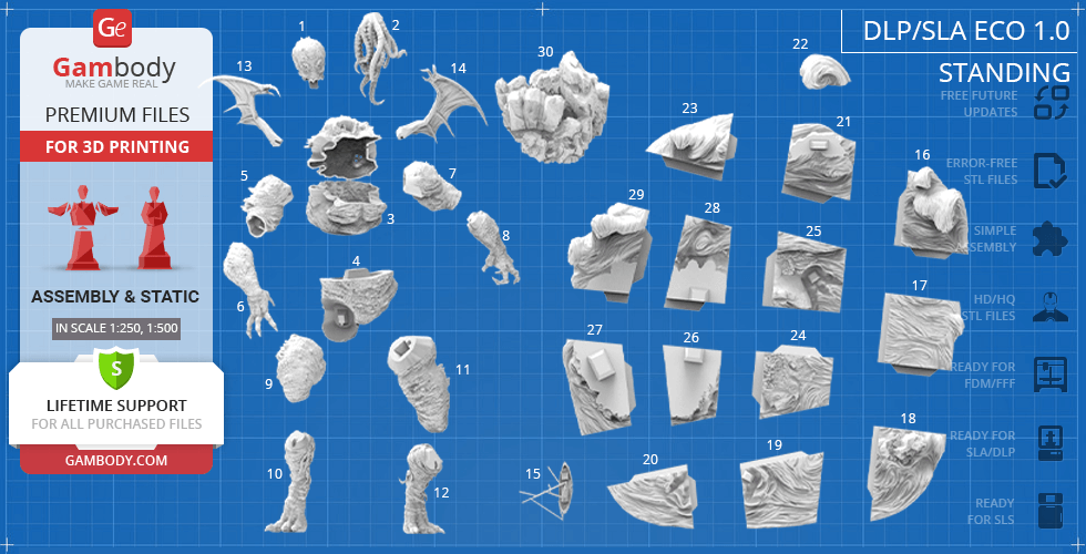Blueprint layout with numbered Cthulhu 3D model parts for printing assembly.