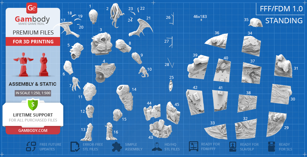 A 3D model kit of Cthulhu with numbered pieces for printing and assembly on a blue grid background.