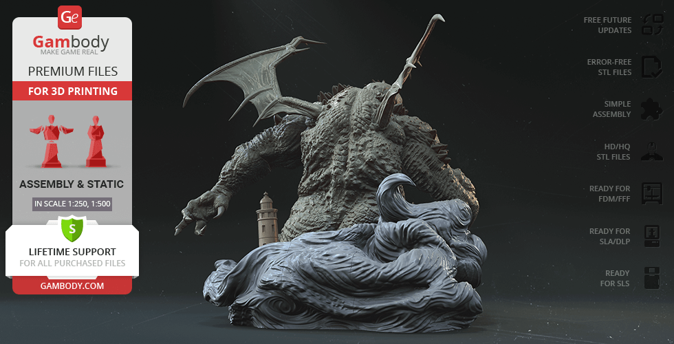 A 3D model of Cthulhu standing on waves, with detailed wings, tentacles, and lighthouse, designed for printing.