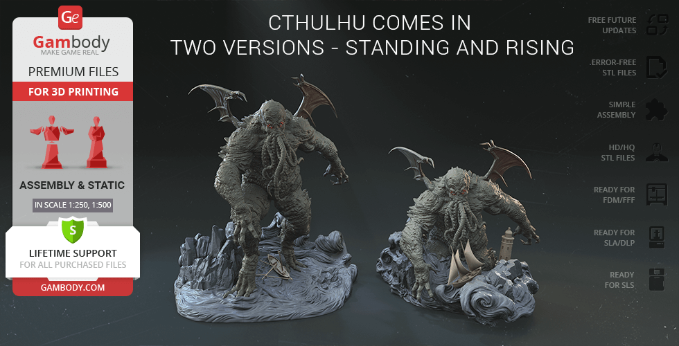 Two versions of a detailed Cthulhu model for 3D printing: one standing, one rising from waves.