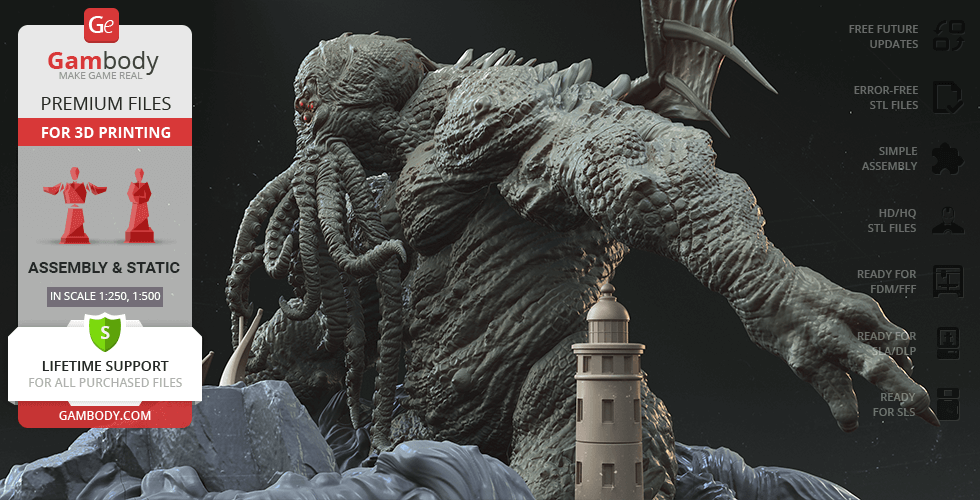 A detailed 3D model of Cthulhu, featuring tentacles and a lighthouse, designed for 3D printing.