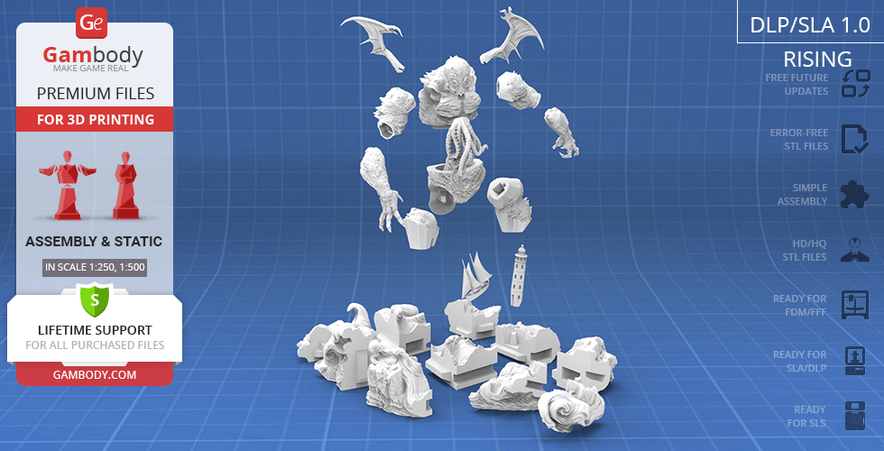 Cthulhu-themed STL files for 3D printing, featuring detailed parts like wings, tentacles, and claws.