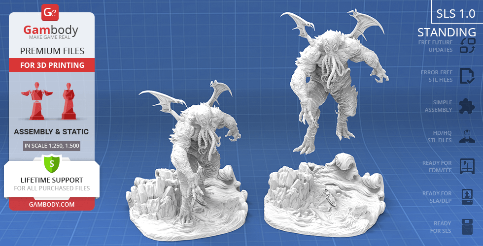 3D printed Cthulhu model with wings and tentacles, standing on a rocky base.