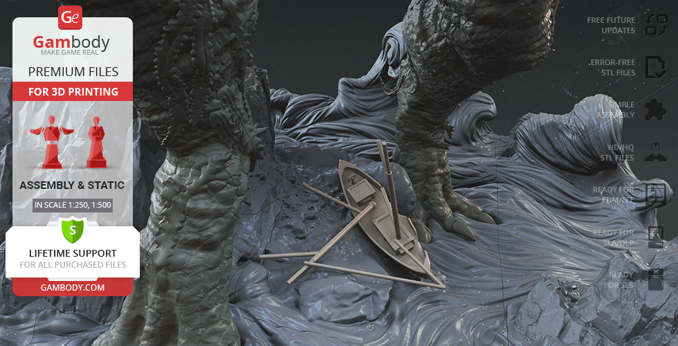 Cthulhu 3D print model featuring large foot beside overturned boat, detailed texture visible.