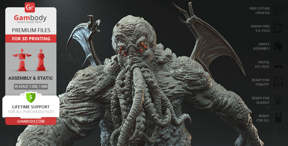 A detailed 3D model of Cthulhu with wings, tentacles, and glowing red eyes, for printing in STL format.