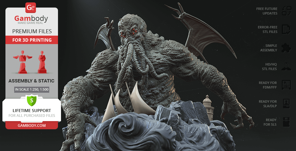 A detailed 3D model of Cthulhu with wings and tentacles, set against a dark background.