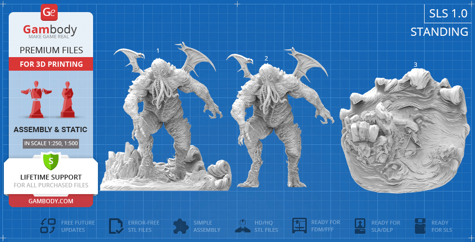 A three-view 3D model of Cthulhu, featuring detailed tentacles and wings, designed for 3D printing.