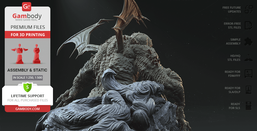 A detailed 3D model of Cthulhu with textured wings and tentacles, optimized for 3D printing.