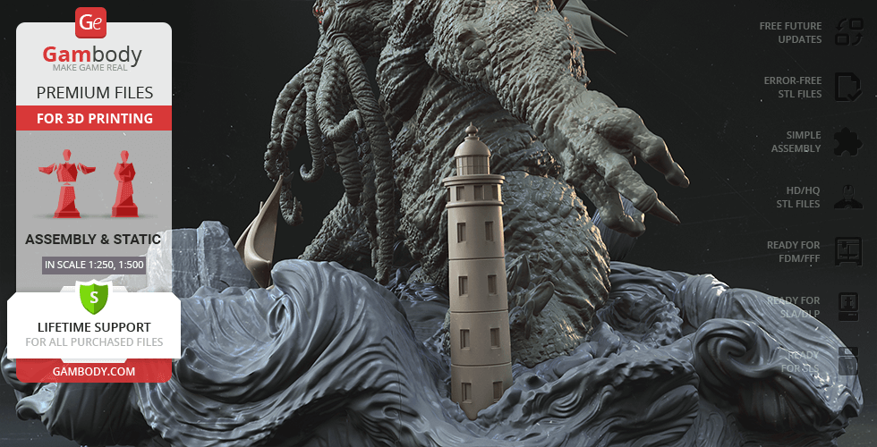 Giant Cthulhu figure with detailed tentacles, standing on swirling waves beside a lighthouse model.