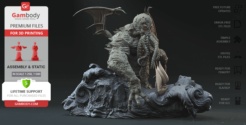 A detailed 3D model of Cthulhu sitting on a rock, with wings and tentacles, next to a small boat.