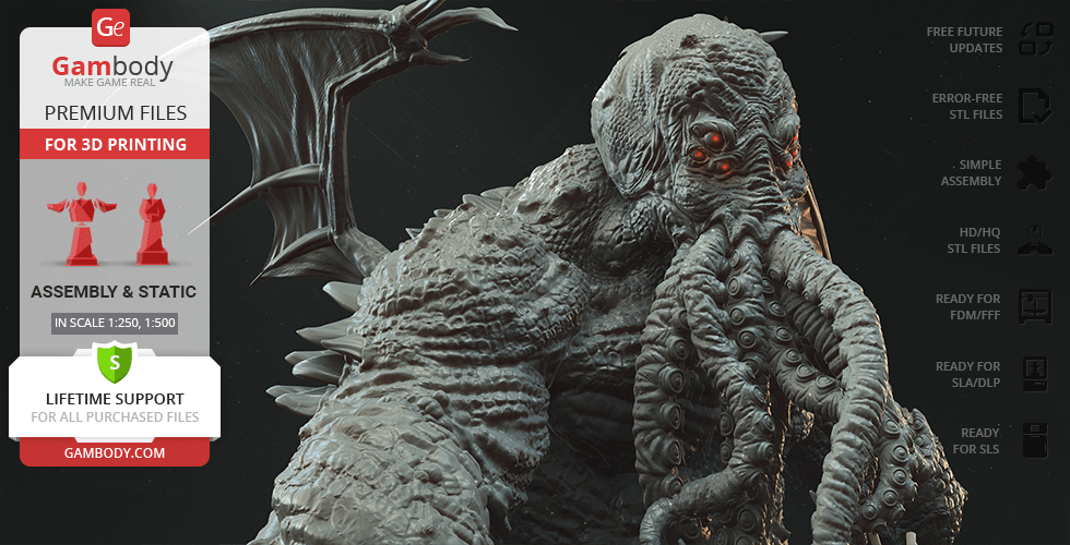 A detailed 3D model of Cthulhu with tentacles and wings, designed for 3D printing by Gambody.