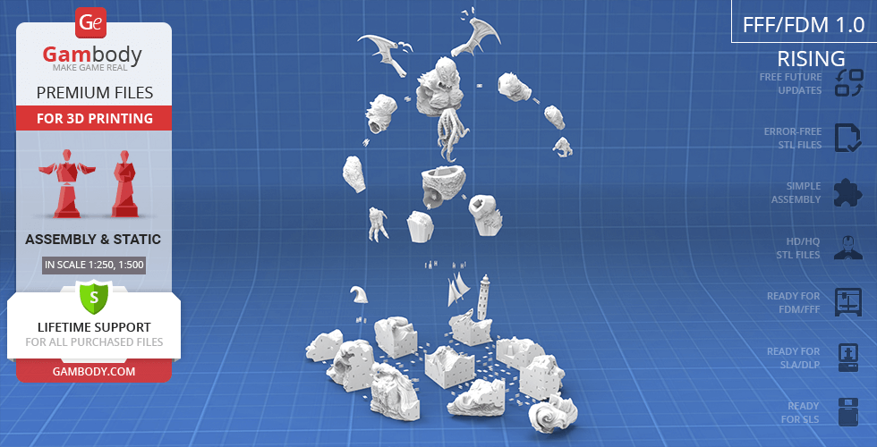 A disassembled 3D Cthulhu model with various parts laid out, designed for 3D printing.