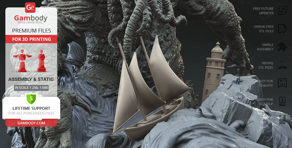 A monstrous creature with tentacles looms over a lighthouse and sailboat, surrounded by turbulent waves.