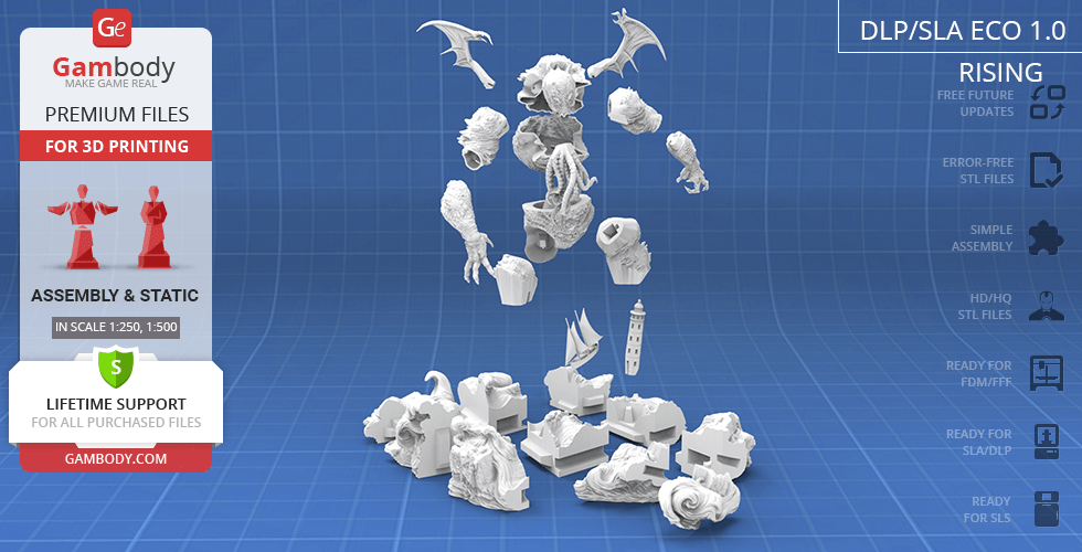 3D model parts of Cthulhu for printing, featuring wings, tentacles, and detailed body components on a blue grid background.