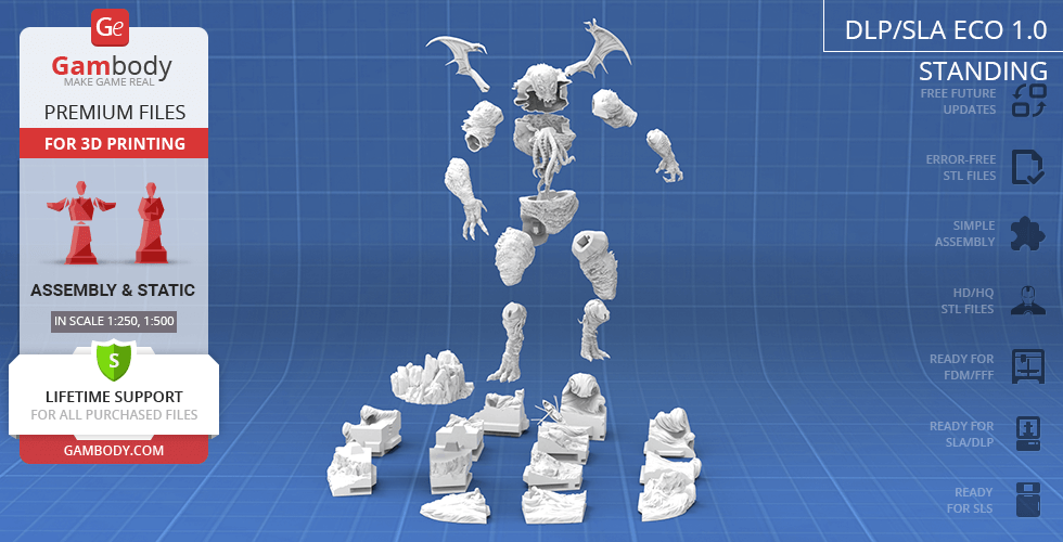 3D printable Cthulhu model parts arranged on a grid background for assembly.