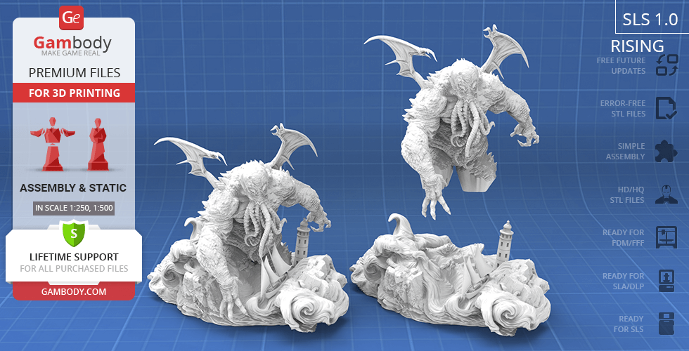 A detailed 3D Cthulhu model with wings and tentacles, standing on waves and a lighthouse.