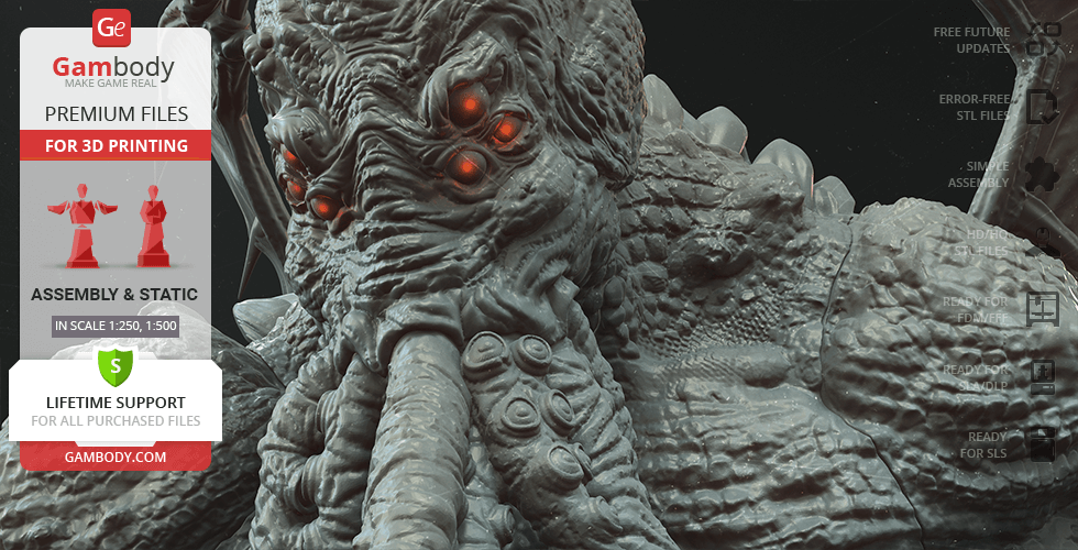A detailed 3D model of Cthulhu with multiple eyes and tentacles, designed for 3D printing.