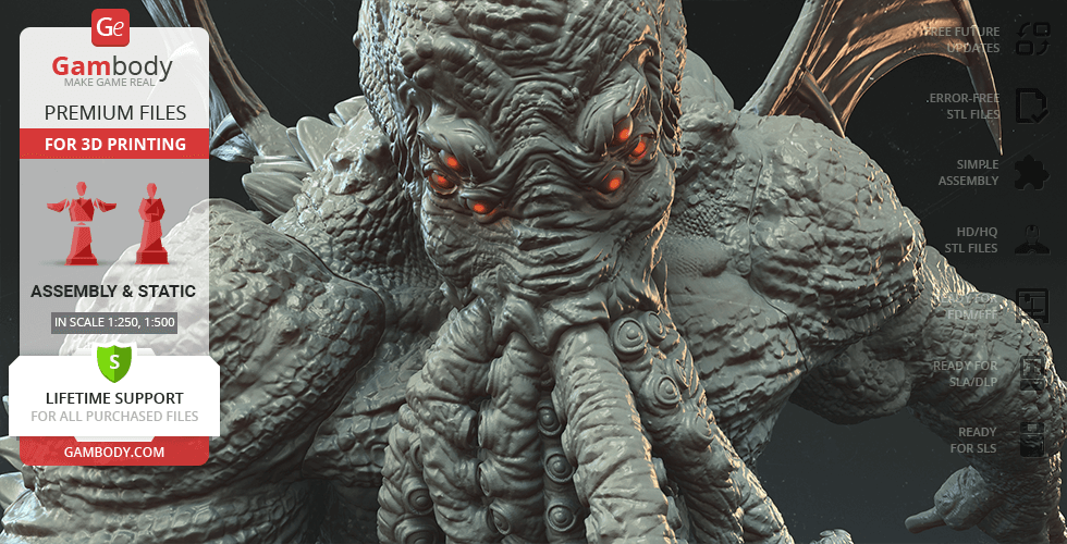 A detailed 3D model of Cthulhu with tentacles and wings, designed for 3D printing by Gambody.