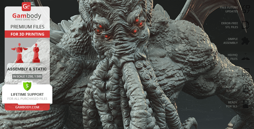 Cthulhu 3D model with intricate textures and red eyes, designed for 3D printing.
