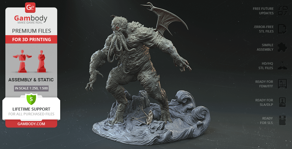 Detailed Cthulhu figure with wings and tentacles standing on a wave base for 3D printing.