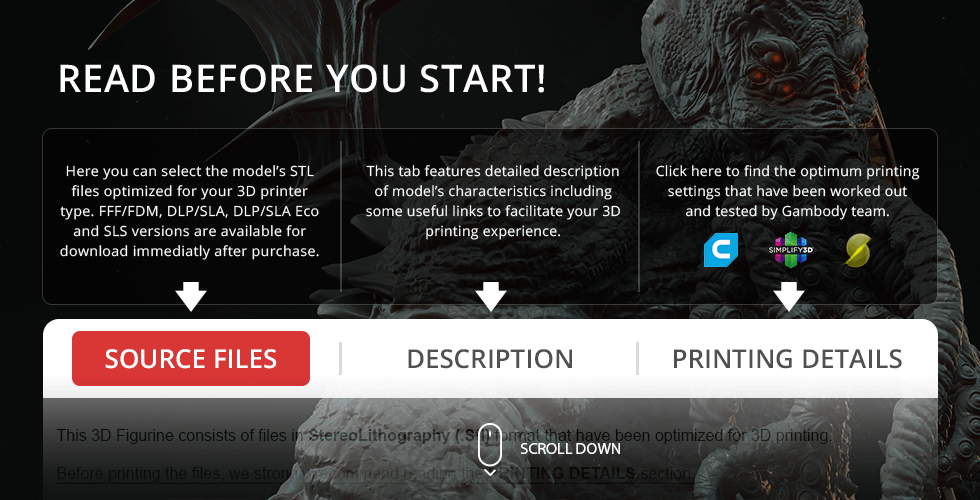 Cthulhu 3D print guide: Source files, description, and printing details for optimized STL file use.
