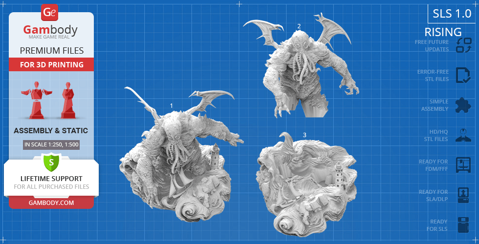 Detailed 3D model of Cthulhu with intricate textures, featuring tentacles and wings, designed for 3D printing.