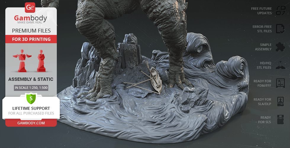 A detailed 3D model base of Cthulhu’s feet, surrounded by rocky and wavy textures for printing.