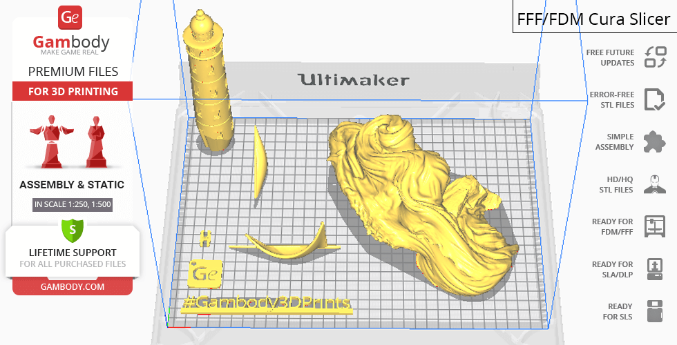 A 3D model of Cthulhu in yellow, shown in a slicing software, ready for 3D printing on a grid platform.