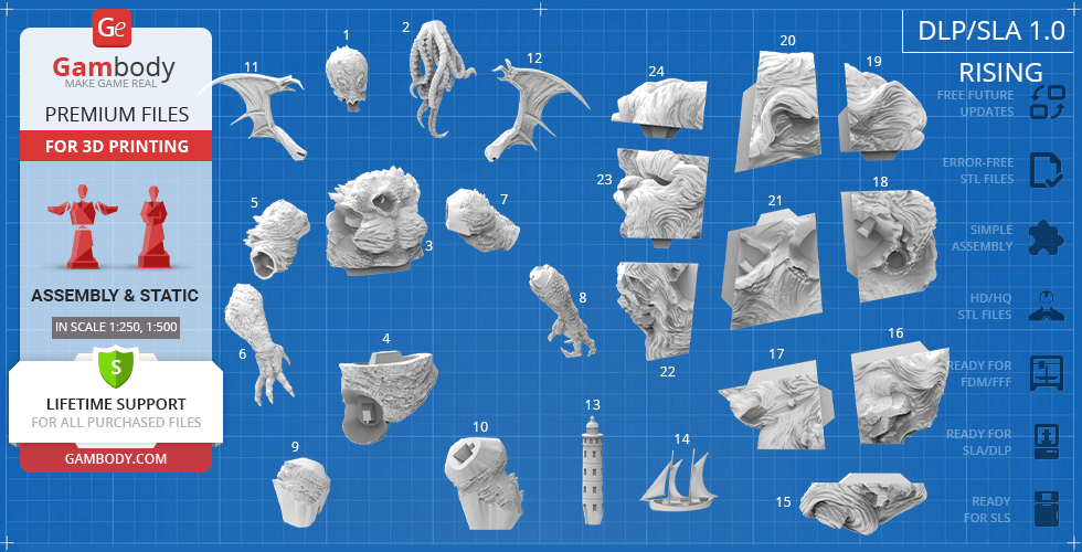 3D model parts of Cthulhu for printing, including head, tentacles, wings, and various detailed components.